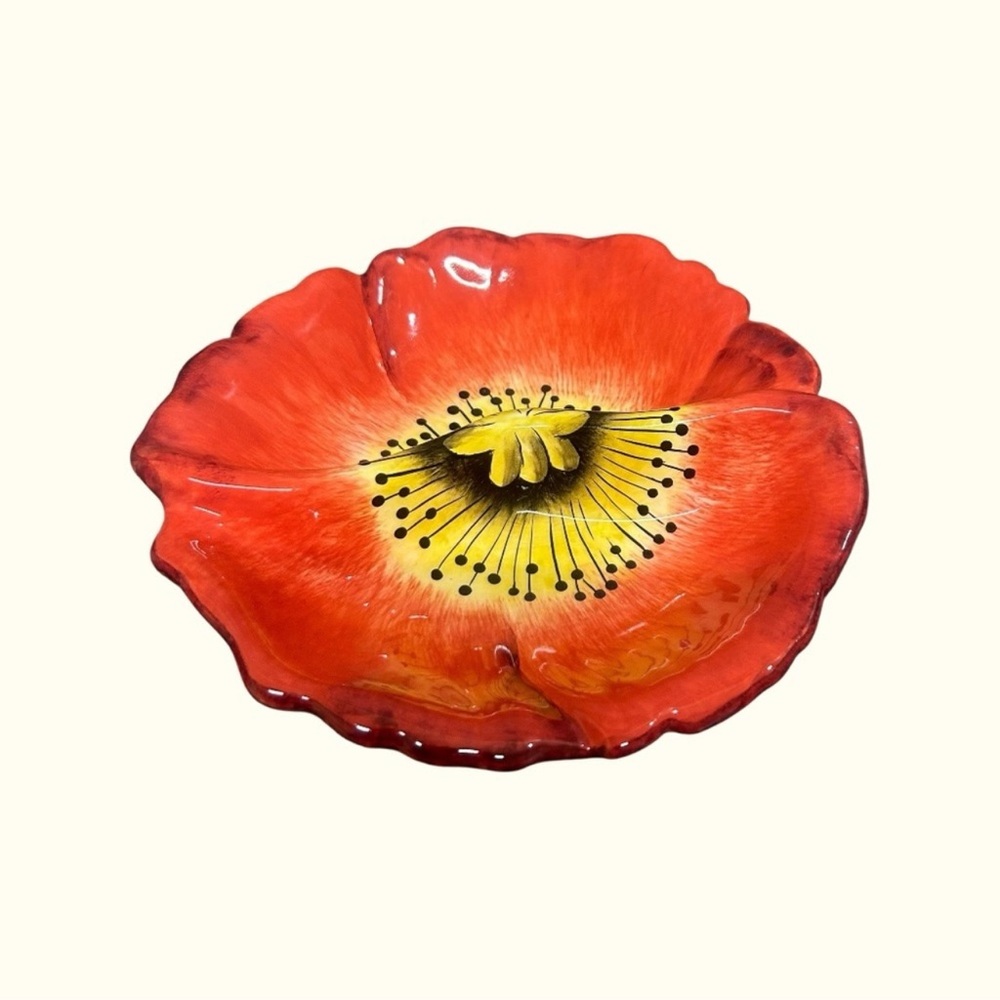 Beautiful Vintage Clay Art Red Poppy Serving Dish